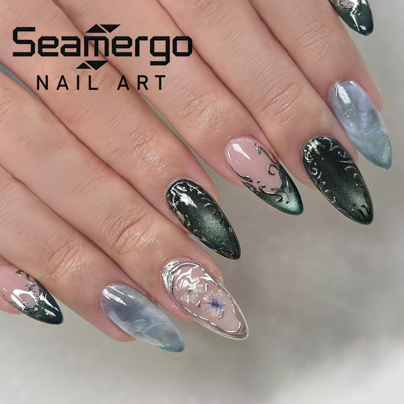 Nail Art Cat Eye Simple - 24PCS Aurora Dark Green Cat Eye